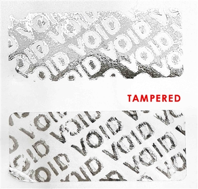 250 Silver Bright TamperVoidPro Metallic Tamper Evident Security Labels Seal Sticker, Rectangle 1.5" x 0.6" (38mm x 15mm). Custom Print. >Click on item details to customize it.