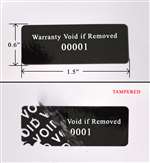 500 Black TamperColor Tamper Evident Security Label Seal Sticker, Rectangle 1.5" x 0.6" (38mm x 15mm). Printed: Warranty Void if Removed + Serial Number