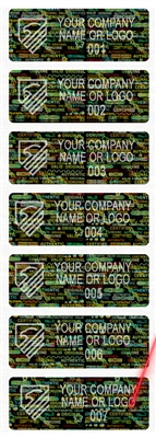 2,000 Tamper Evident Hologram Bright Black Security Label Seal Sticker, Rectangle 2" x 0.75" (51mm x 19mm). Demetalized Laser Customization. >Click on item details to customize it.