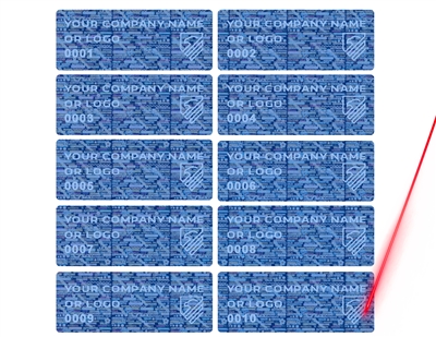 5,000 Tamper Evident Hologram Bright Blue Security Label Seal Sticker, Rectangle 1.5" x 0.6" (38mm x 15mm). Demetalized Laser Customization. >Click on item details to customize it.