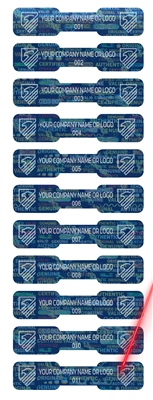 2,000 Tamper Evident Holographic Bright Blue Security Label Seal Sticker,Dogbone 1.75" x 0.375" (44mm x 9mm). Demetalized Laser Customization. >Click on item details to customize it.