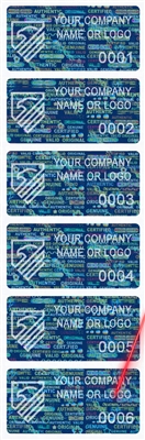 1,000 Tamper Evident Holographic Bright Blue Security Label Seal Sticker, Rectangle 2" x 1" (51mm x 25mm). Demetalized Laser Customization. >Click on item details to customize it.