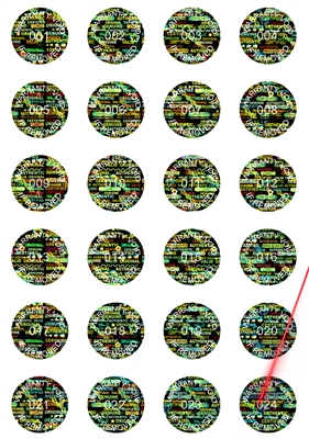 2,000 Tamper Evident Holographic Bright Black Security Round Label Seal Sticker, Round/ Circle 0.625" diameter (16mm). Demetalized Laser Customization. >Click on item details to customize it.