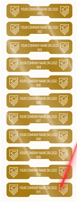 2,000 Gold TamperVoidPro Tamper Evident Security Labels Seal Sticker, Dogbone Shape Size 1.75" x 0.375 (44mm x 9mm). Demetalized Laser Customization. >Click on item details to customize it. 